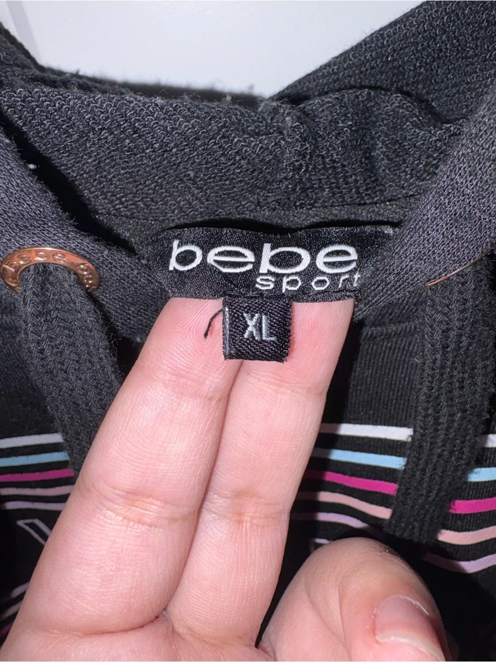 bebe Black Hoodie with Pink & Blue Stripe Logo
